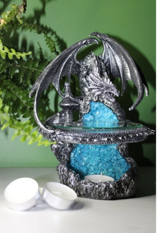 Silver Dragon oil and wax burner with glass dish