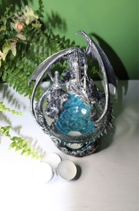 Silver Dragon oil and wax burner with glass dish