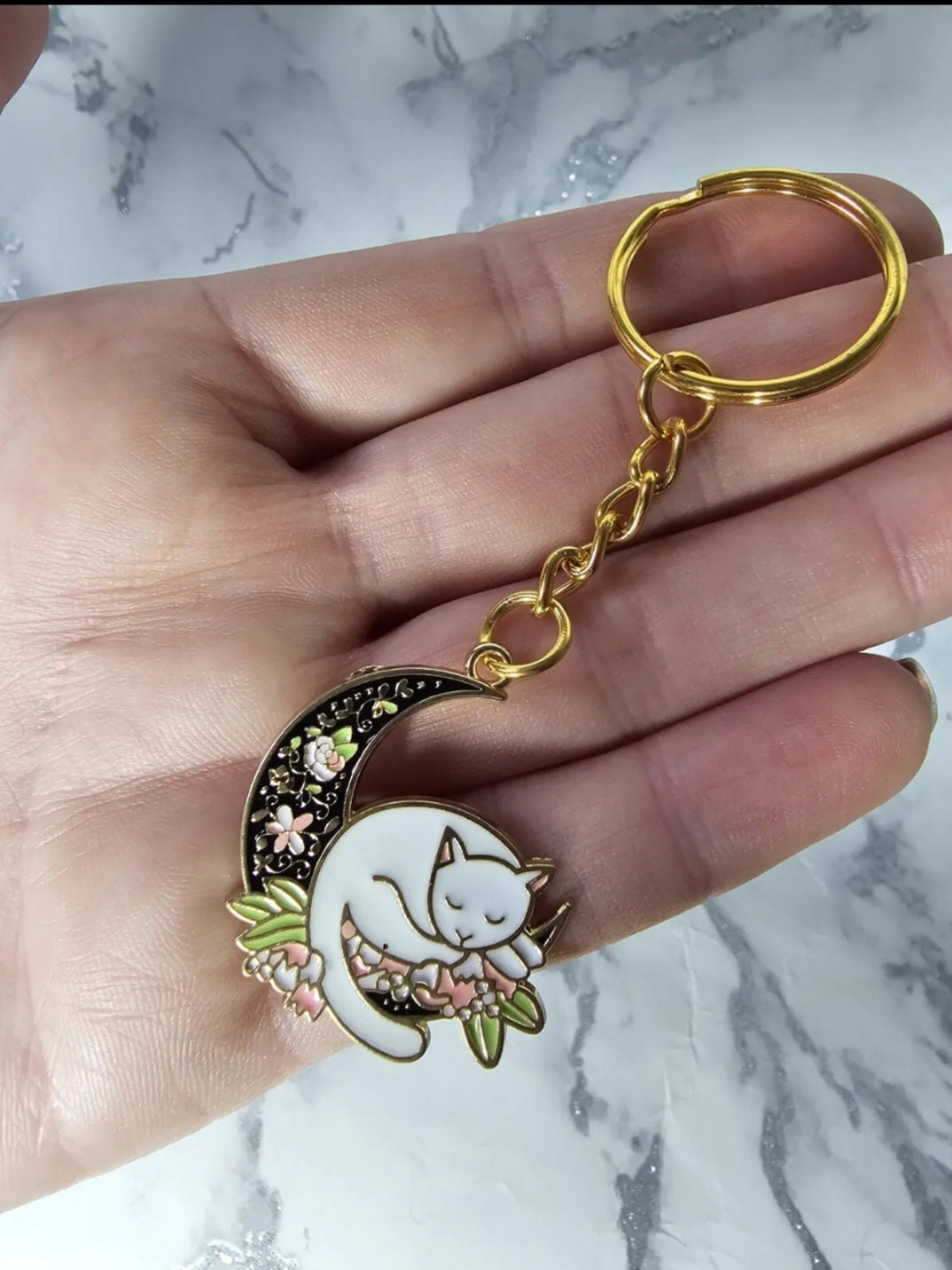 Cute Sleeping Cat Crescent Moon Keyring, Enamel with gold plated chain